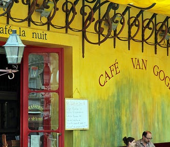 Close up of the facade of Le Cafe la Nuit in Arles, France, made famous in a painting by Van Gogh