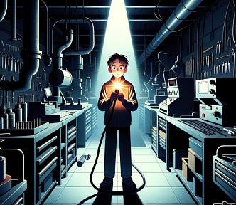 Sam stands in the center of a spacious makerspace, surrounded by various tools and machinery. The room is dark, save for the bright glow of a welding torch held by Sam. This torch illuminates Sam’s face, emphasizing their eyes which show a mix of determination and anxiety. The atmosphere is intense, with shadows playing tricks in the dim corners. Artwork generated by Mark Havens.