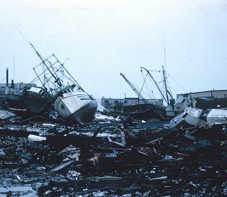 Wrecked ships and debris after a tsunami.