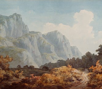 Landscape painting with mountain, autumn foliage, and road.