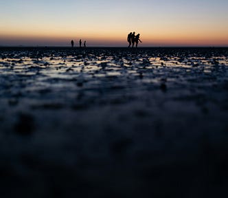A few figures silhouetted against the sunset, standing amid a barren landscape
