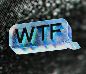 Letters WTF on an ice-like block floating on a black, grainy background