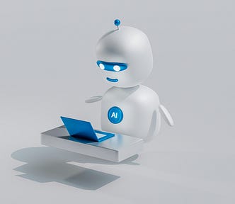 a white blue robot using a computer