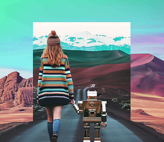 MidJourney Won’t Listen to You? Use These 5 Prompting Tricks to Fix It! A woman walking with a robot on a path in the desert. AI image created by henrique centieiro and bee lee