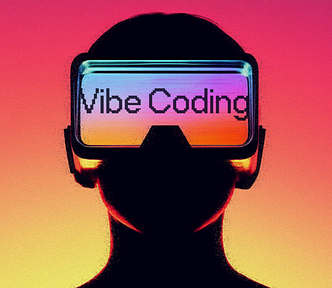 An ai image of a person wearing a VR headset that says Vibe Coding