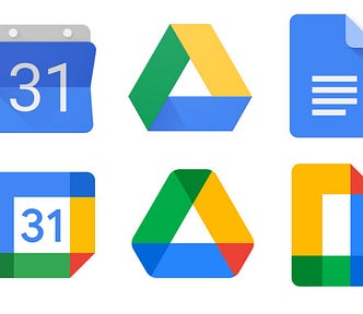 Screenshot showing Google icons for their most popular apps, which they changed form the ones in the top row to the ones in the bottom. Apps for Gmail, Calendar, Drive, Docs and Meet.