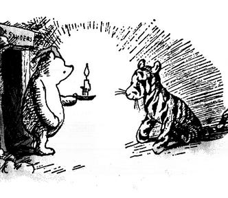 Picture from “The House at Pooh Corner” of Winnie-the-Pooh and Tigger. Winnie-the-Pooh holding a candle and Tigger sitting in the candle light. Tigger. Bounce. Bouncy. Readers.