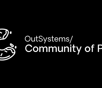 9. OutSystems Community of Practice logo featuring a minimalist cookie icon with a bite taken out, followed by the text “OutSystems/Community of Practice” in white against a black background. © Mafalda Barata