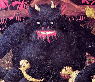 Classical painting of a black bloody-mouthed devil holding two children. Animated to shake violently.