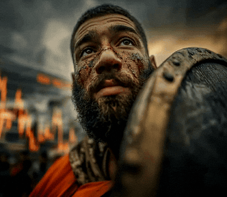 a young handsome man with beard, holding a shield like he’s in the war zone, blood on his face, investment charts behind him, dramatic sky