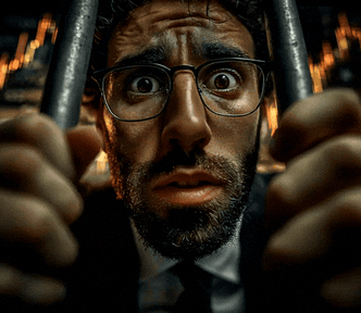 young handsome man with beard and glasses, being trapped in a prison behind the metal bars, both hands holding the bars, looking desperated, glowing investment charts that have huge up and down in his background