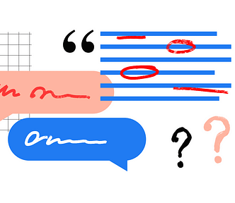 Speech bubbles and question marks indicating a conversation