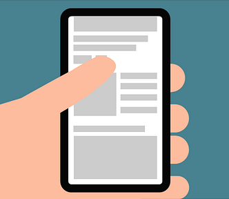 GIF: an animated thumb scrolls endlessly on a phone with gray, blank content.