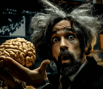 Russian mathematician Andrey Markov, 40 years old, big beard, looking surprised, holding a big human brain on its hand, glowing investment charts behind him