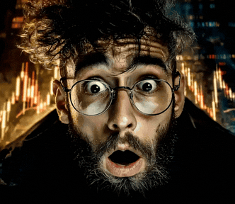 young man with glasses and beard, showing the camera a investing chart showing extreme ups and downs, looking shocked