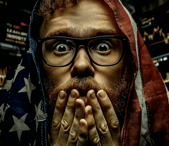 young investor with glasses and beard, looking mysterious, covering his body with american flag, investment charts behind him
