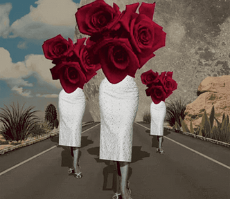 An animated GIF from Isabel Chira showing three women with roses overlaid on their upper bodies walking on the road.