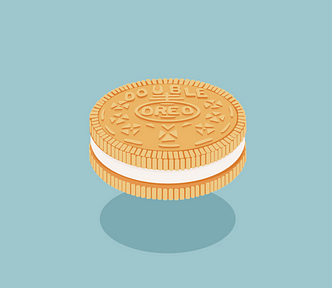 Ilustração de um biscoito com massa na cor bege e recheio na cor branca, em gif animado, que se expande, dividindo-se em 3 partes, sobreposto em um fundo azul. Na massa do biscoito, lê-se, em caixa alta, as palavras "double oreo".