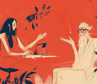 A young woman with a laptop discussing with an older, bearded figure, separated by a swirl of leaves on a red background. Illustration in the style of greek era.