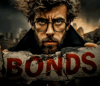 young man with beard and glasses, looking determined, holding up a big old cracked sign with the huge red words “BONDS”