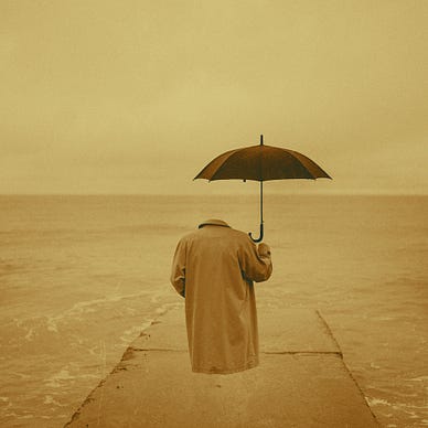 Image of an invisible person on a dock, holding an umbrella.