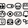 A set of bold icons including a skull, notification bell, and hamburger