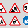 Six road signs: 1. Cow (white triangle with a red border 2. Men at work (black logoform man digging; white triangle with a red border 3. Speed limit 50 miles per hour (White circle with a red border) 4. School (two children crossing; triangle with a red border) 5. Caution: Wildlife (Stag with anglers; white triangle with a red border) 6. This way (Blue circle with a white arrow)