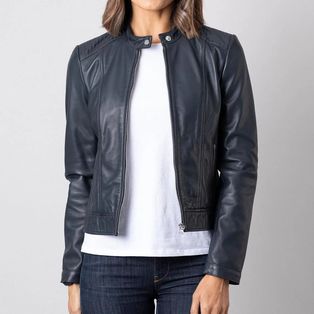 The Thea Leather Jacket in French Navy is a timeless and sophisticated