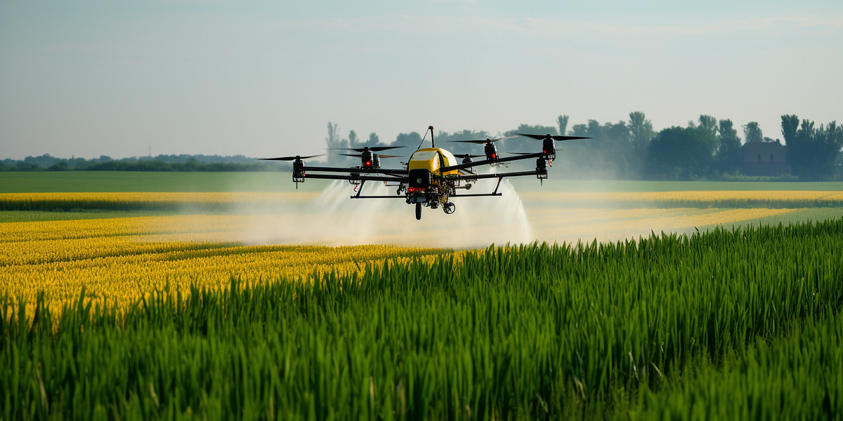 Agricultural drone spraying taking off