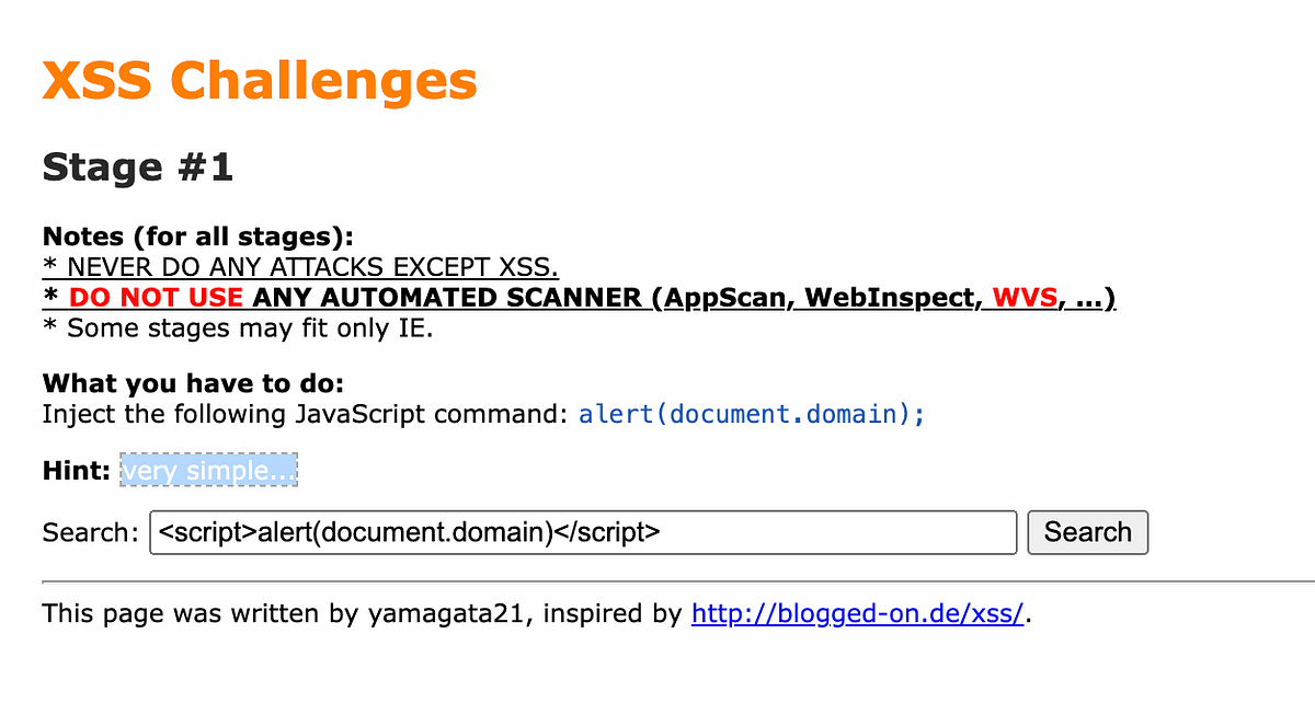 確認ꉂ(σ▰˃̶̀ꇴ˂̶́)σ✧ Walkthrough of XSS Challenges (by yamagata21) | by Arnav Vaidya