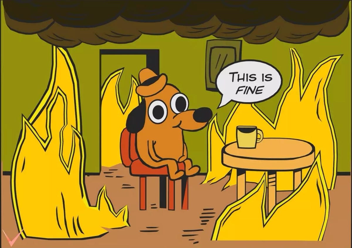 Meme comic of a dog sitting in a burning house saying 'This is fine'