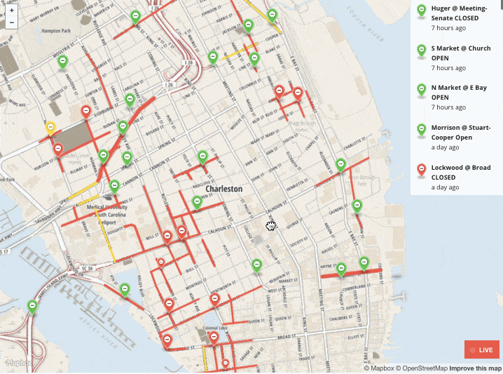 Live flood map of Charleston  by Mapbox  maps for developers