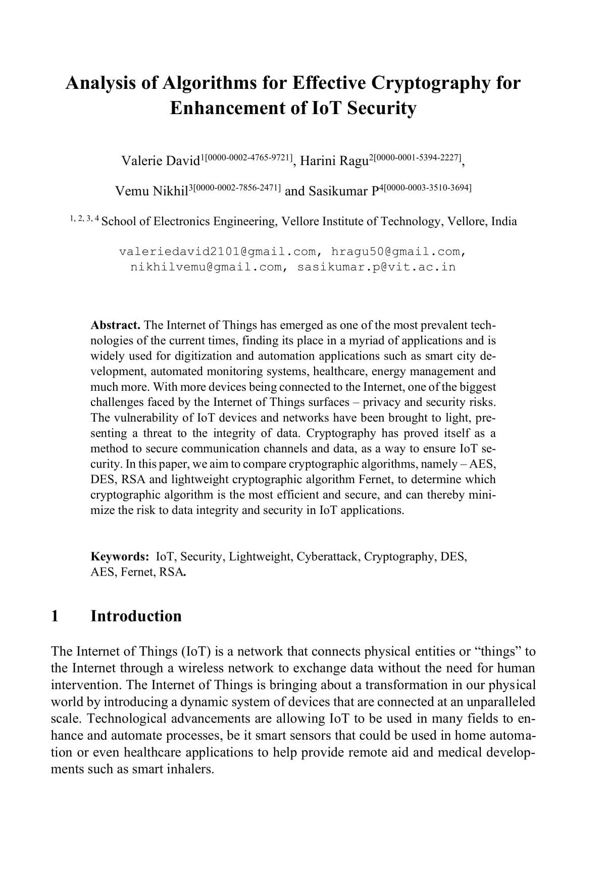 Analysis of Algorithms for Effective Cryptography for Enhancement of IoT Security