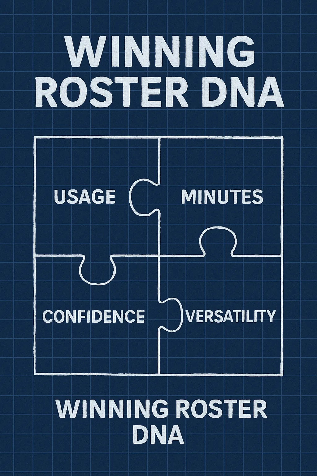 A blueprint-style image titled “Winning Roster DNA” with puzzle pieces labeled: Usage, Minutes, Confidence, Versatility.