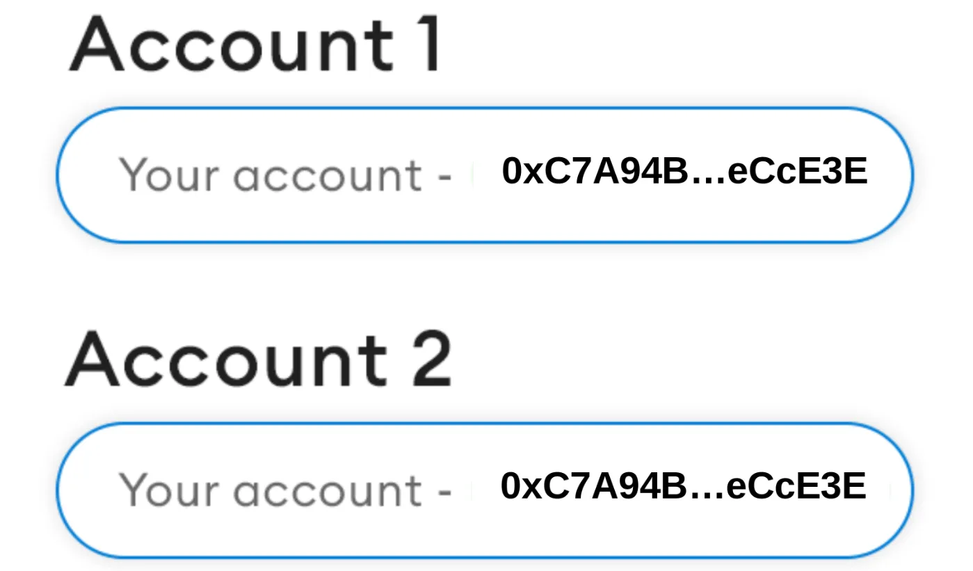 Figure 2. This image depicts a mobile wallet display for “Account 1” and “Account 2,” each showing a truncated Ethereum address “0xC7A94B…eCcE3E,” illustrating how similar-looking addresses in a user interface can make users vulnerable to address poisoning attacks.