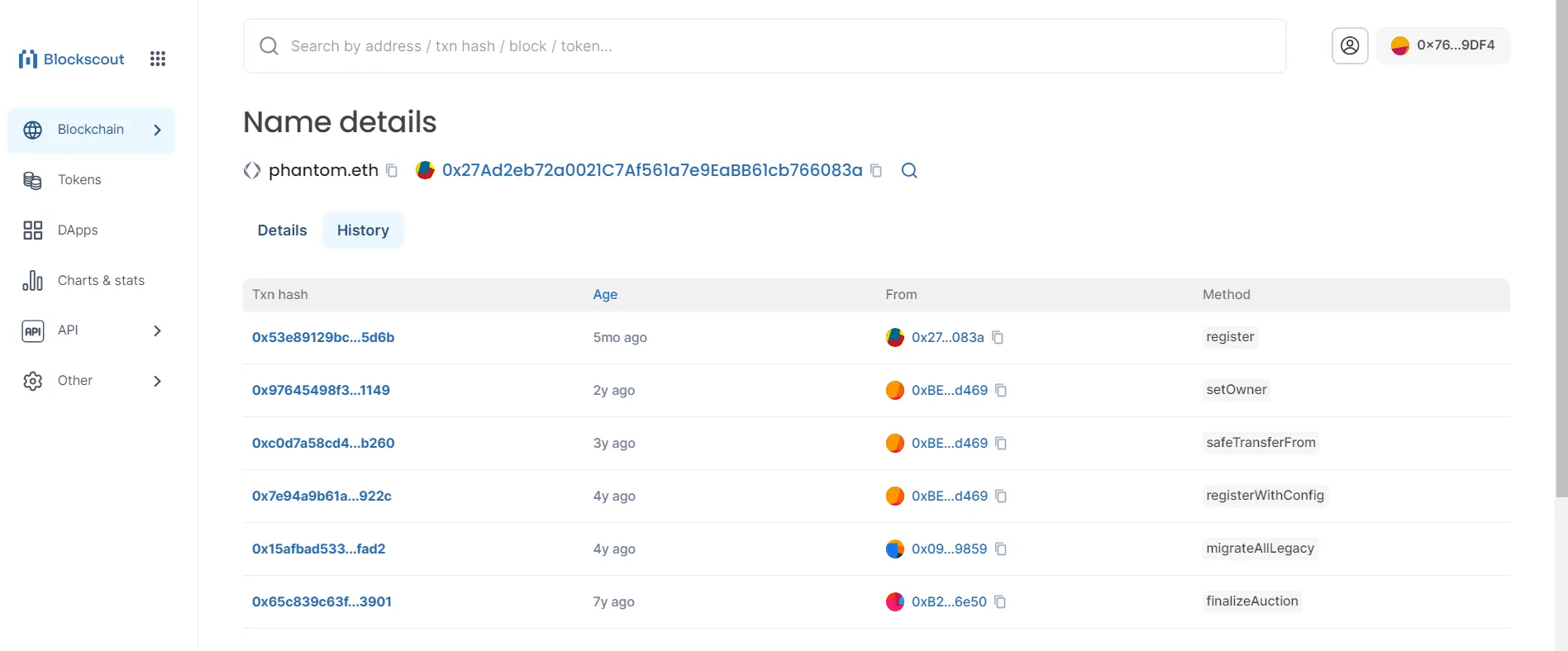 Past transactions with Phantom.eth domain