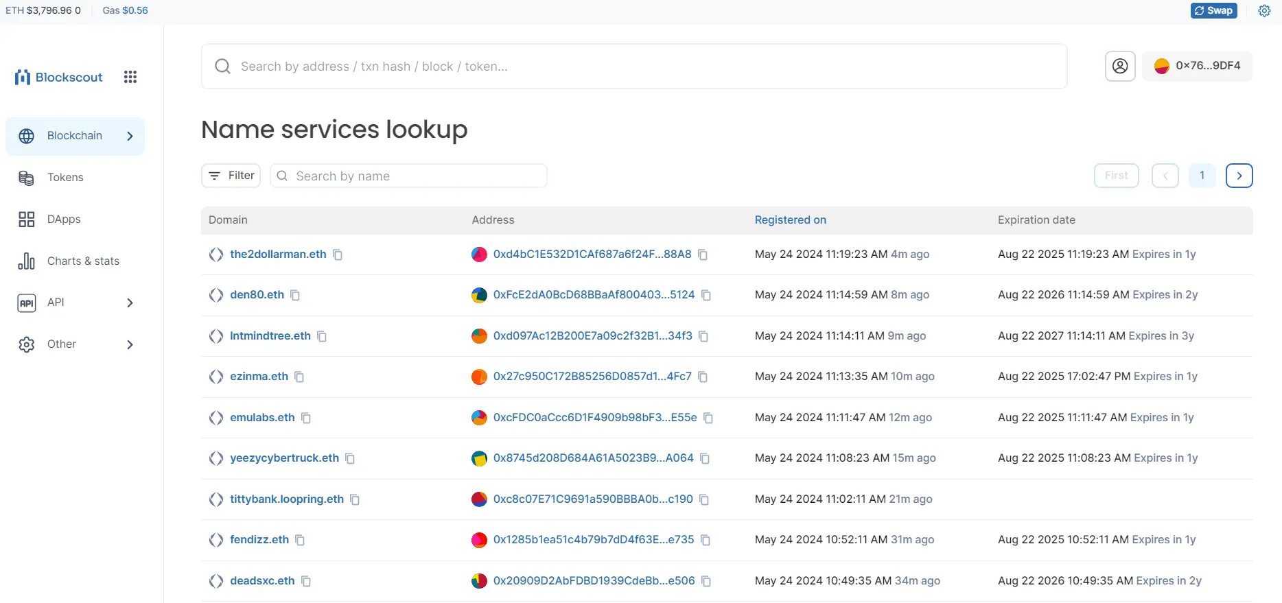 ‘Name Services Lookup’ feature on Blockscout’s Ethereum Explorer