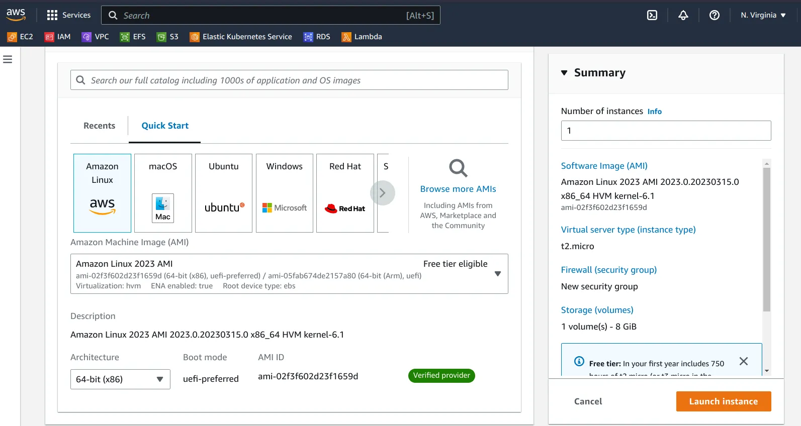 תצוגה של קונסולת AWS EC2 המציגה כיצד לפרוס את Amazon Linux 2023