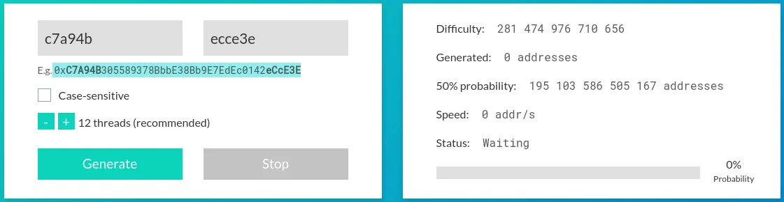 Figure 3. This image shows the interface of a vanity Ethereum address generator tool, where a user can input desired starting and ending characters for an Ethereum address to match another address’s first and last six characters, with options for generating difficulty, speed, and status updates.
