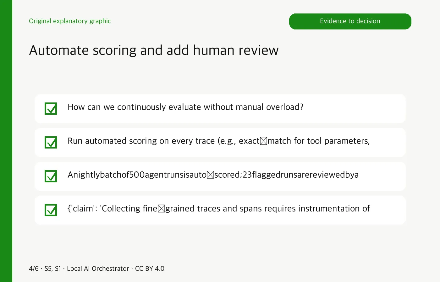 Automate scoring and add human review: How can we continuously evaluate without manual overload? — Run automated scoring on every trace (e.g., exact‑match for tool parameters, semantic similarity for answers) and flag low‑confidence runs for human reviewers. This hybrid loop catches regressions pure metrics miss.