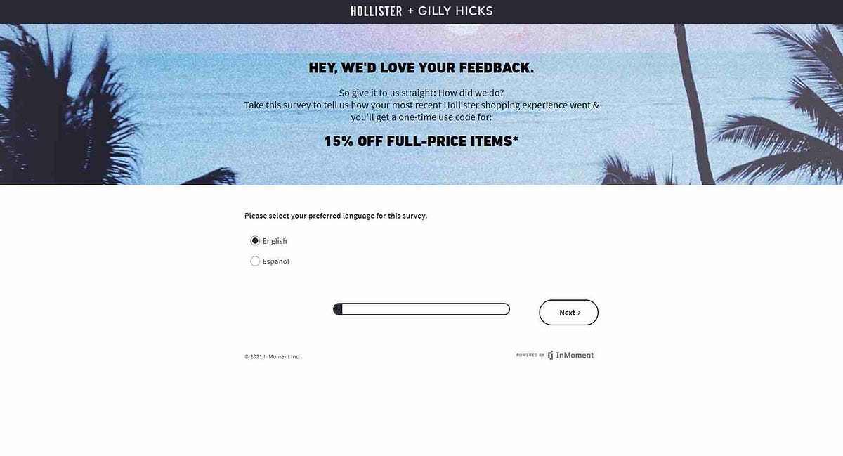 TellHCO.com homepage where customers enter receipt code to start the Hollister Survey