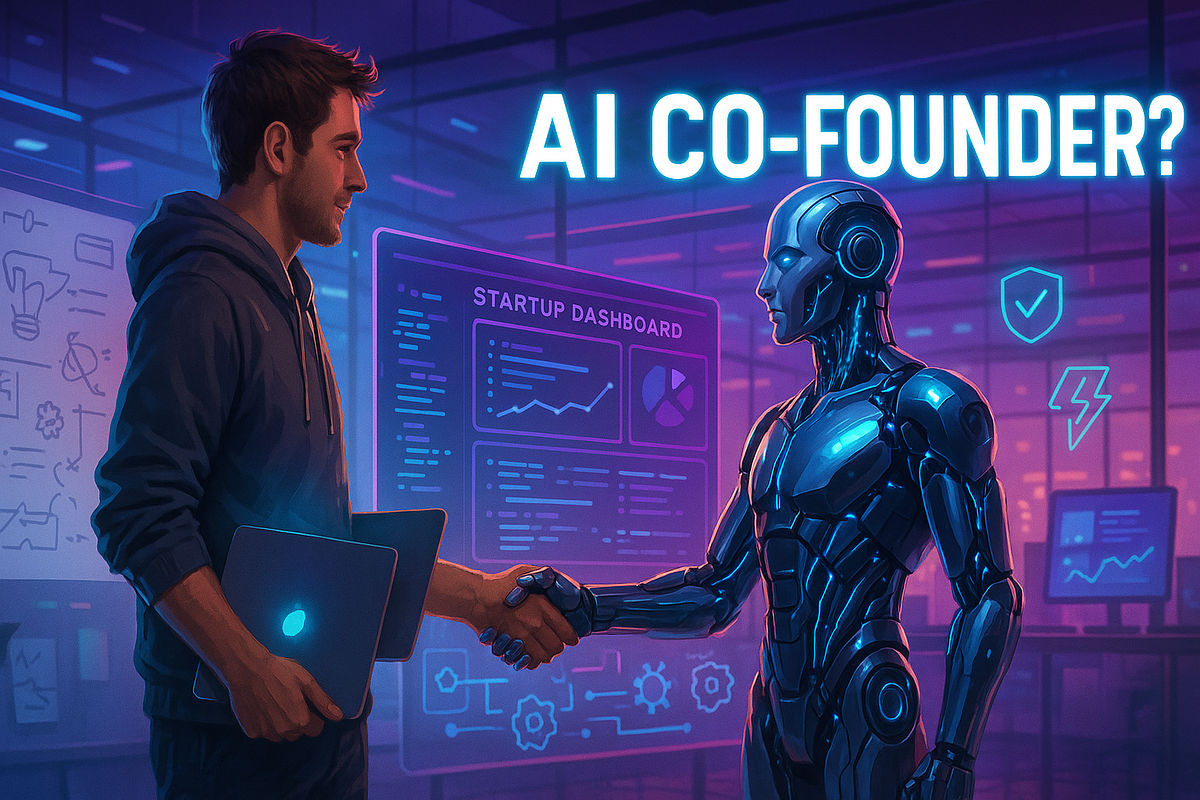 Human founder shaking hands with AI co‑founder illustration