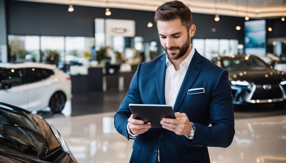 Car dealer using digital tablet with chatbot integration