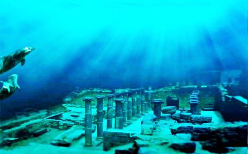 Underwater ruins and pillars believed to be part of the ancient submerged city of Dwarka.