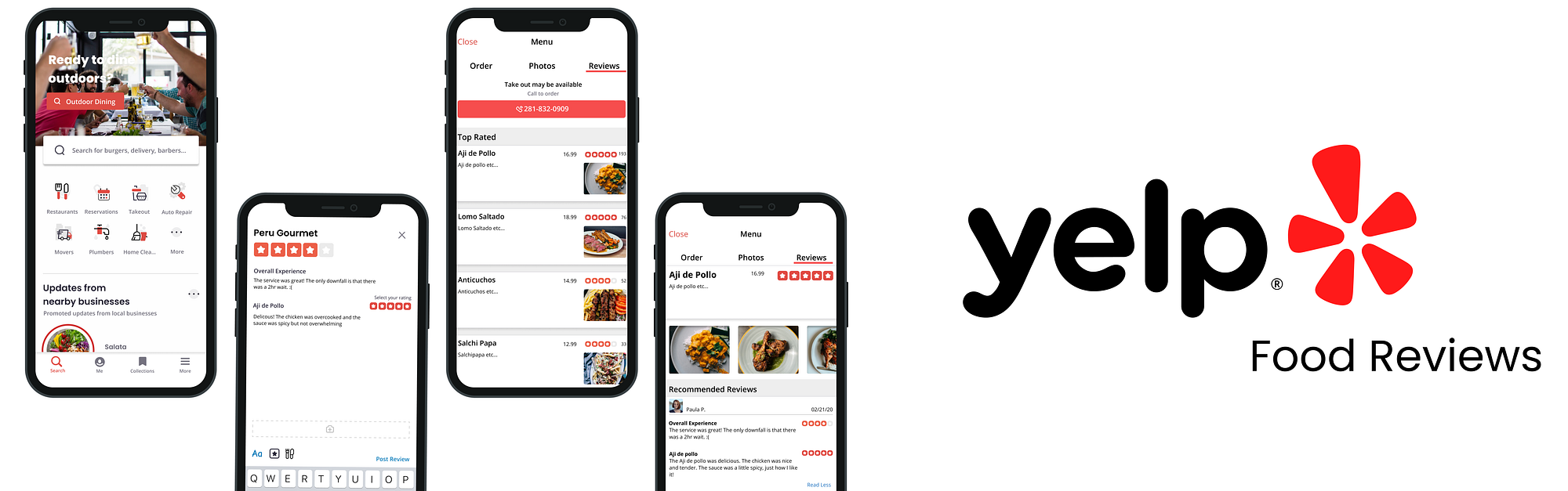 Yelp mobile app showing restaurant reviews and star ratings.