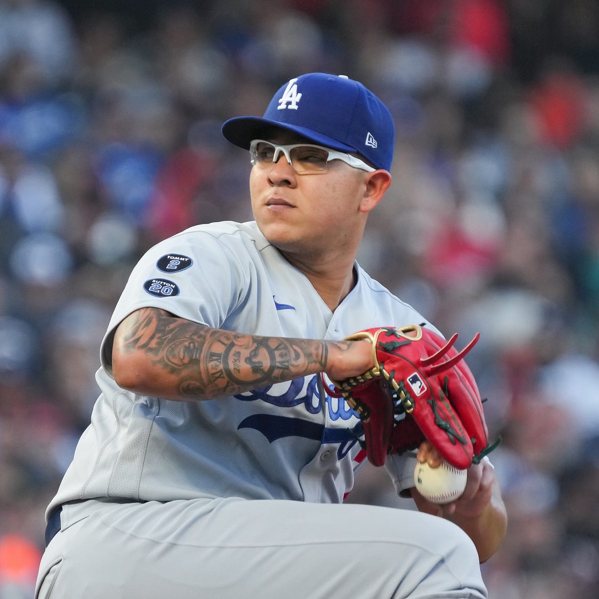 Relief pitcher Julio Urias of the Los Angeles Dodgers pitches against
