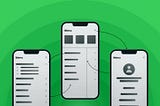 Three mobile screens illustrating different navigation menu layouts, from expandable lists to grid-based and profile views.