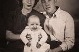 A photo of 1940s era couple with young baby as in Patrick Ryan’s novel, Buckeye.