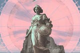 Vaporwave-style collage depicting a statue of the goddess Athena. In the midground an impressive stone formation stands against the sea. In the background a compass is overlaid against the sky.