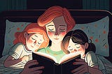 woman and two kids reading a book in bed